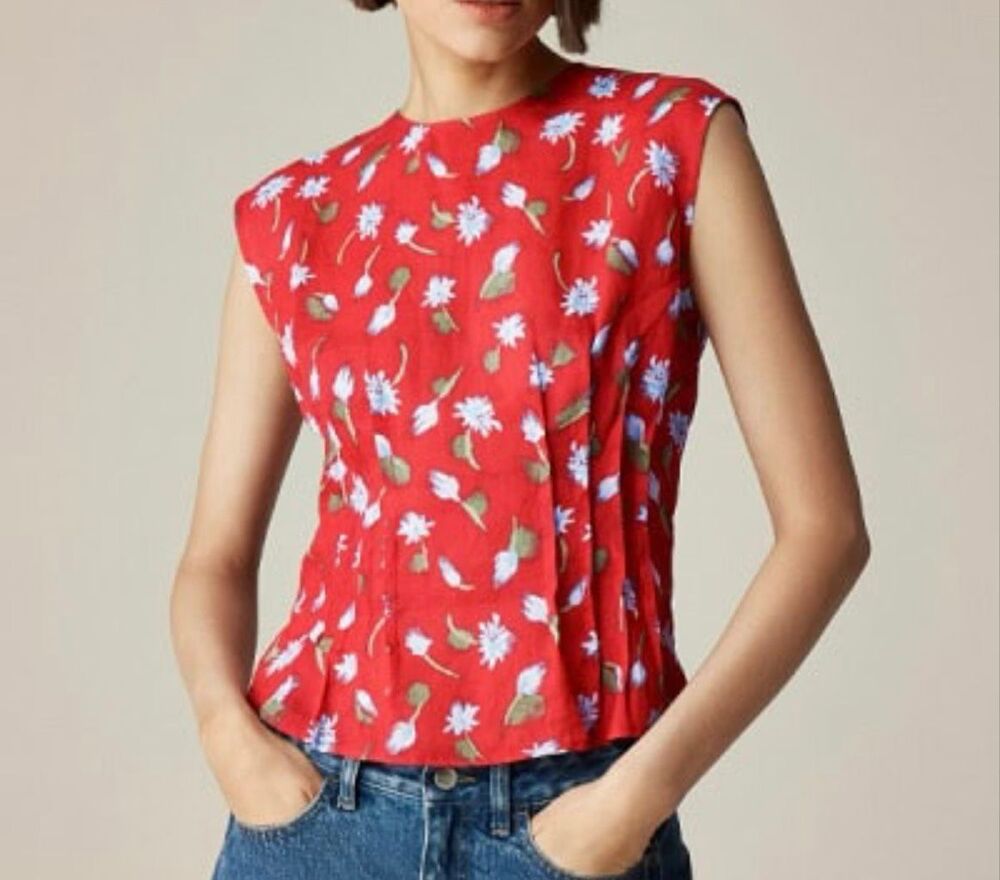J.crew pintucked red daisy print ramie top size 6